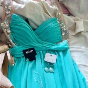 Teal long prom dress w/ sequins on sheer shoulders
